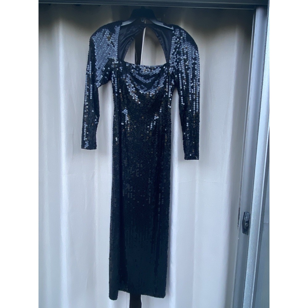 VTG 80's Oleg Cassini Black Sequin Long Sleeve Gown Dress Size 10 Beautiful